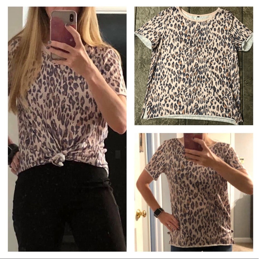 NWOT Leopard Top, short sleeves, raw hem